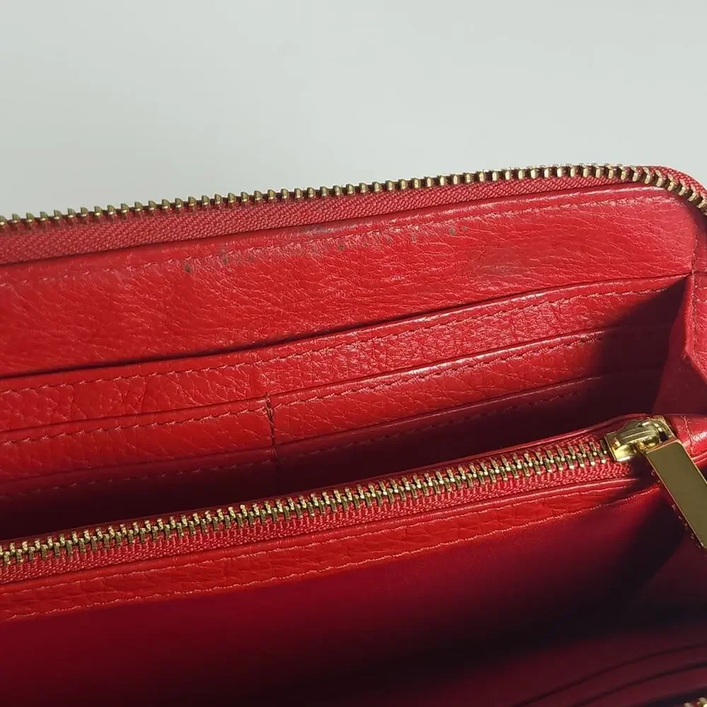 Tory Burch Amanda Red Pebbled Leather Gold Logo Zip Continental Wallet